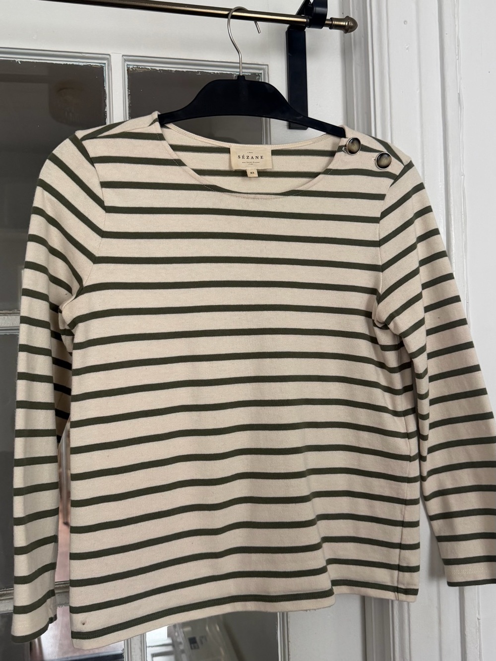 Sezane Cream and Olive Striped Button-Shoulder Top